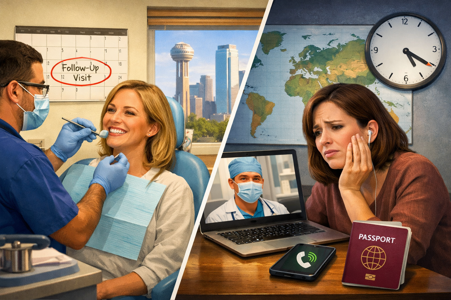 A () conceptual image depicting the long-term considerations of dental implant care, specifically follow-up appointments and