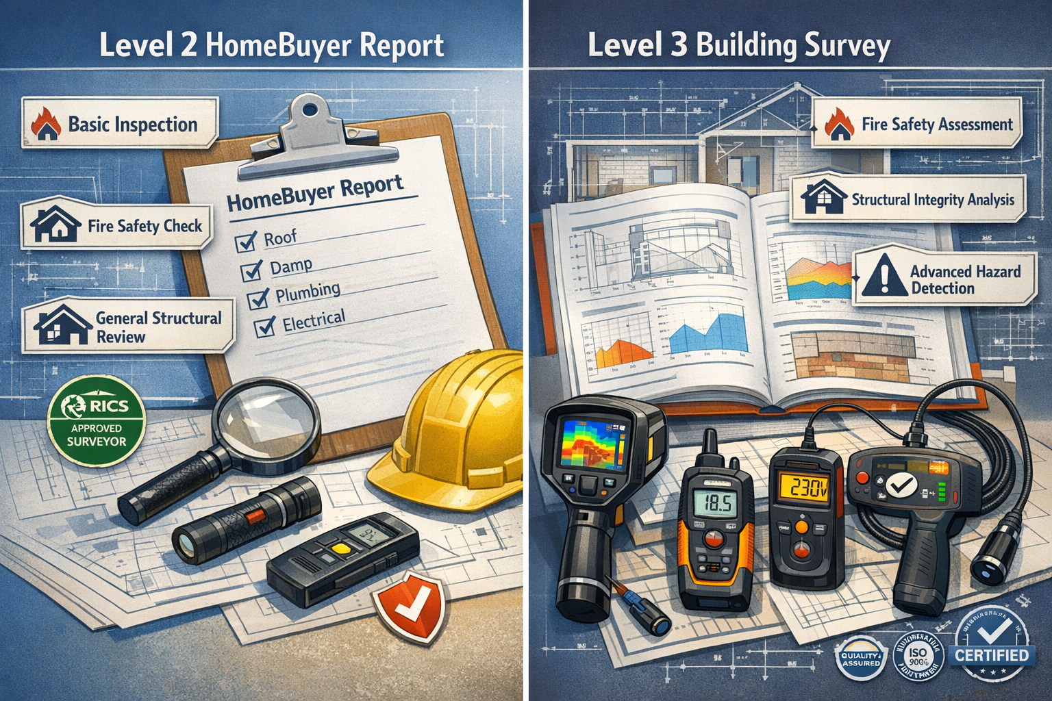 () split-screen comparison image showing left side: traditional Level 2 HomebuYer Report with basic checklist and standard