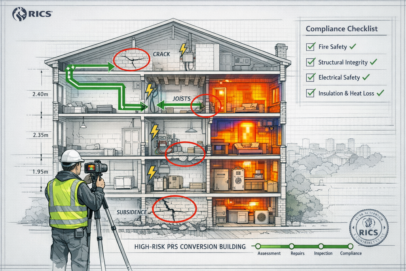 () detailed cross-section architectural illustration of high-risk PRS conversion building showing multiple floors with
