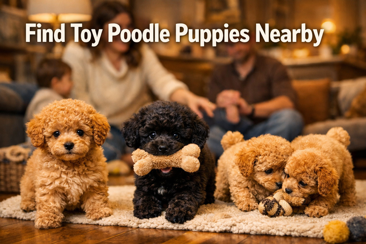 Professional landscape hero image (1536x1024) featuring adorable toy poodle puppies in a cozy home setting with bold text overlay 'Find Toy