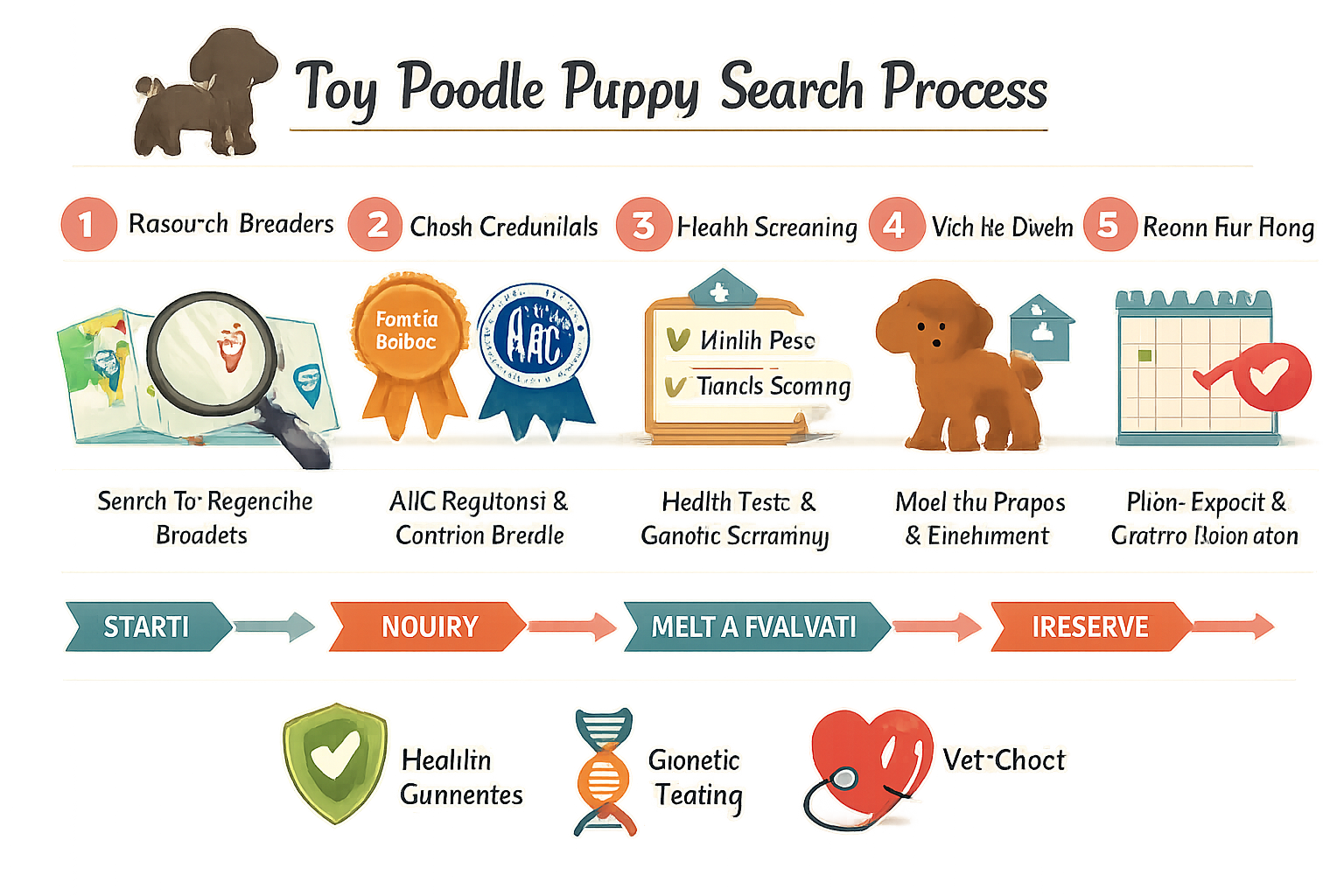 Detailed infographic showing toy poodle puppy search process with map icons, breeder certification badges, health screening checkmarks, and