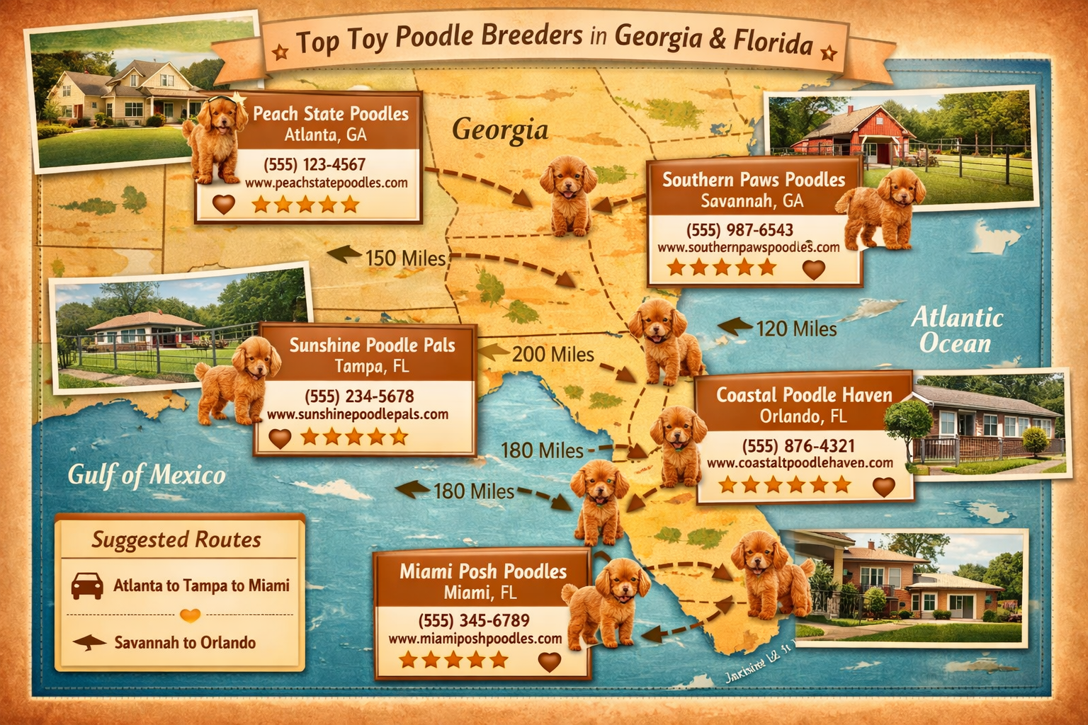 Interactive map of Georgia and Florida highlighting top breeder locations with toy poodle icons, distance markers, and quality rating stars.