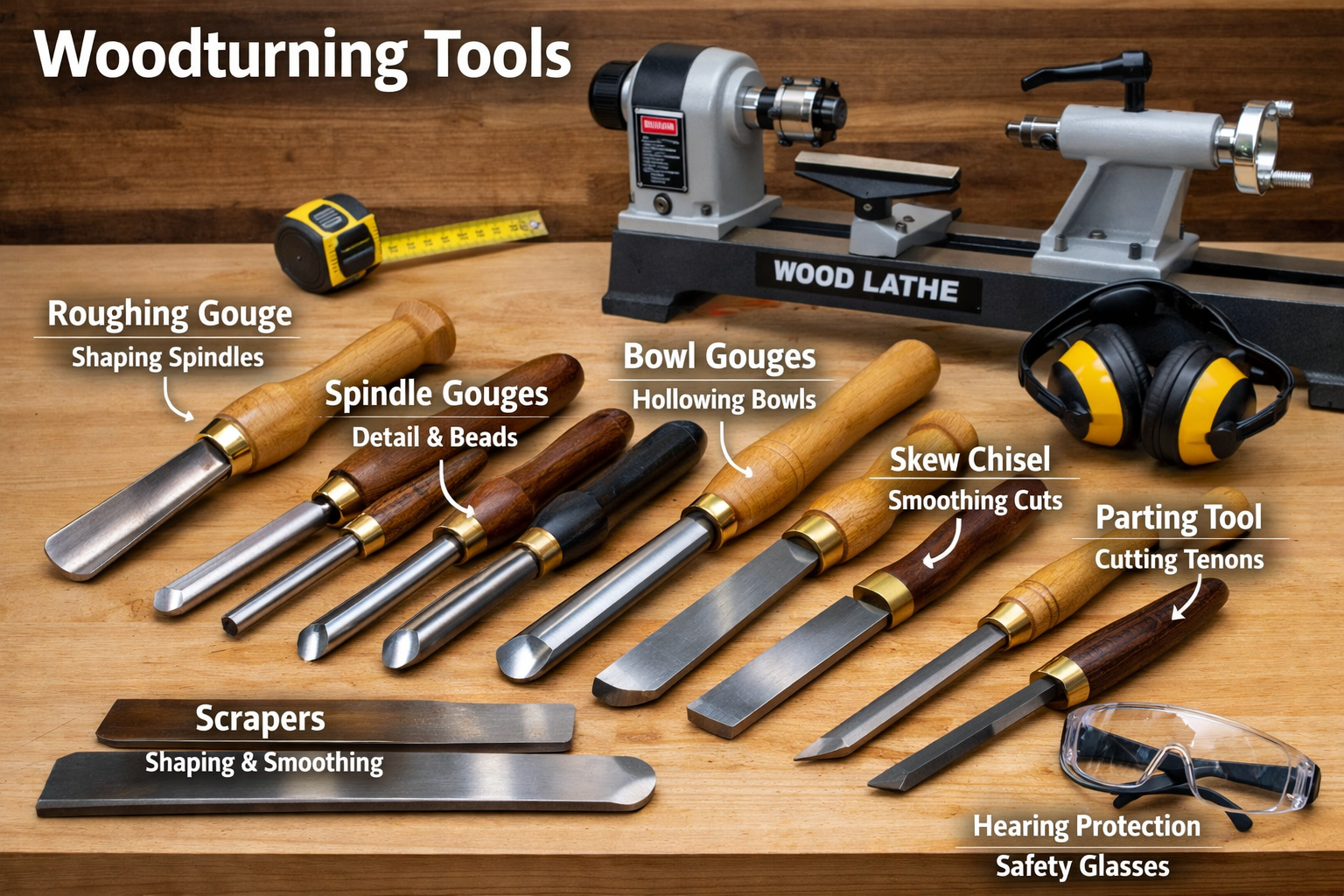 () image illustrating a diverse collection of essential woodturning tools laid out on a clean workbench. This includes