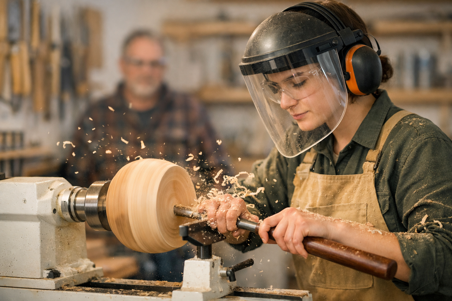 () image depicting a beginner woodturner carefully working on their first project, a simple wooden bowl, on a spinning wood