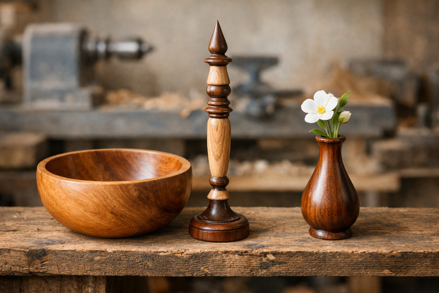() image showcasing three completed beginner woodturning projects: a smooth, polished wooden bowl, a decorative spindle, and