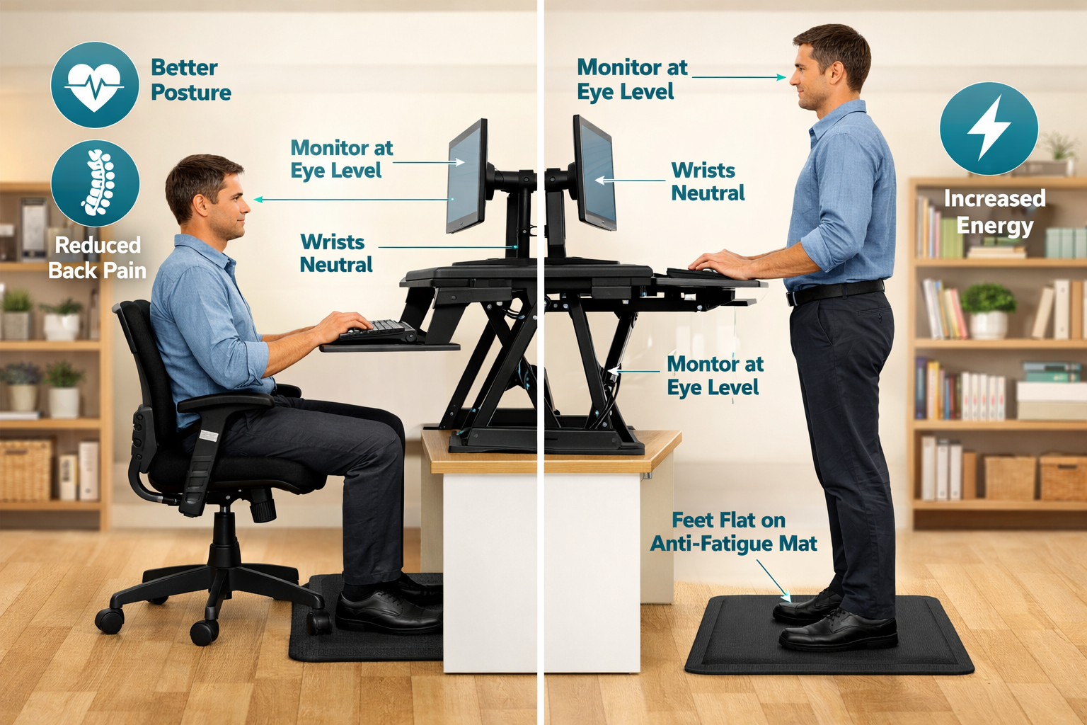 Standing Desk Converters Adjustable Height Detailed landscape format (1536x1024) infographic-style editorial image showing a person transitioning from sitting to standing at a desk co