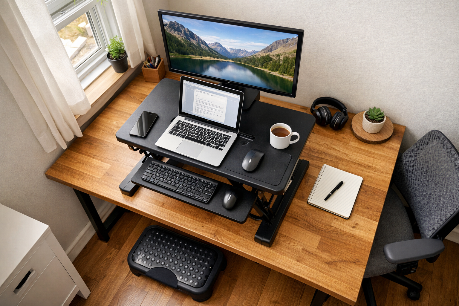 Standing Desk Converters Adjustable Height Detailed landscape format (1536x1024) editorial photograph of a compact home office setup featuring a standing desk converter on a small des