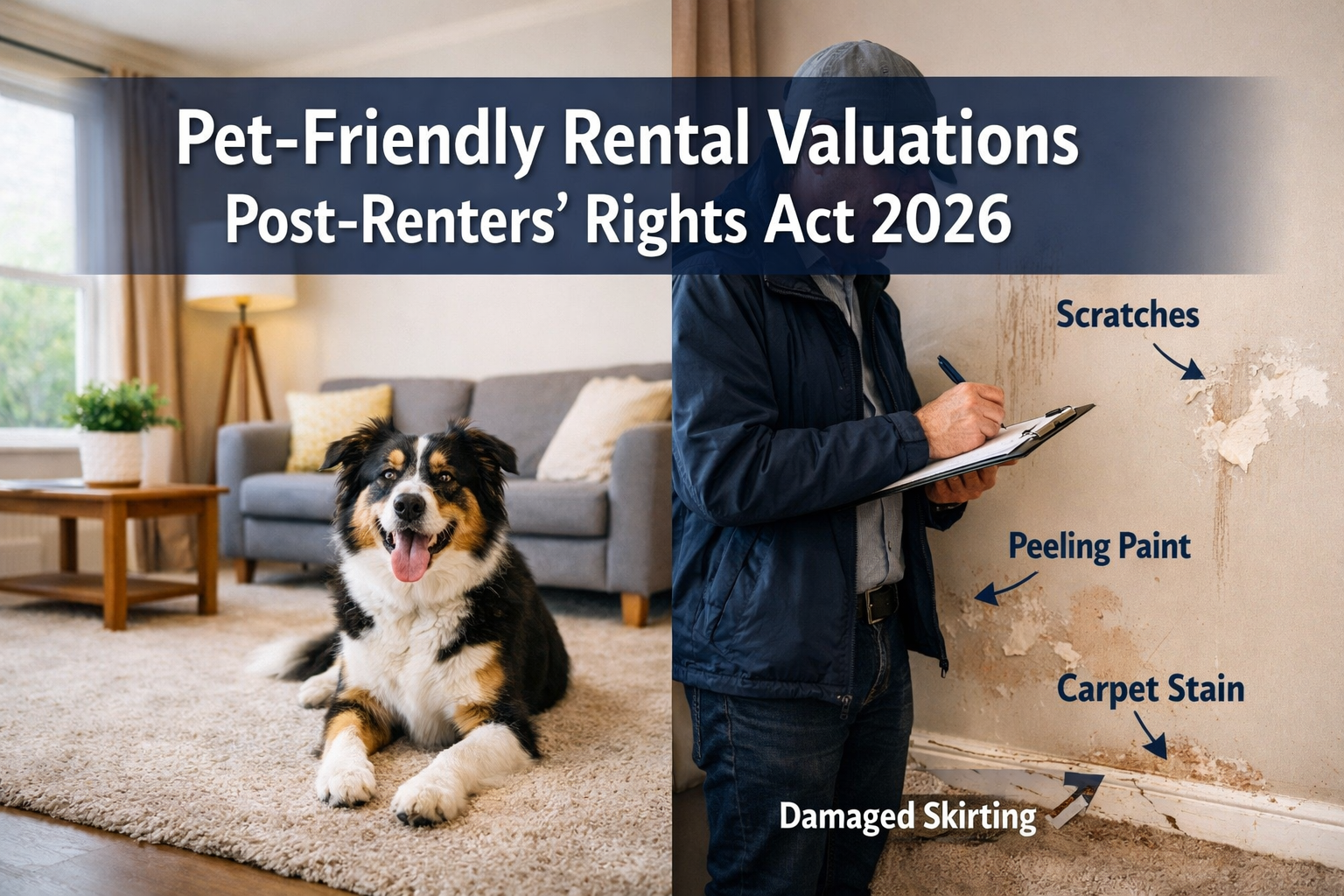 Professional () hero image featuring 'Pet-Friendly Rental Valuations Post-Renters' Rights Act 2026' in extra large white