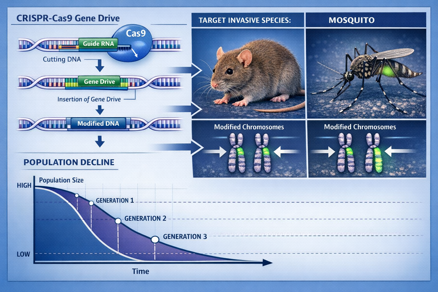 Detailed () illustration showing CRISPR-Cas9 gene drive mechanism in action, featuring labeled DNA strands with guide RNA