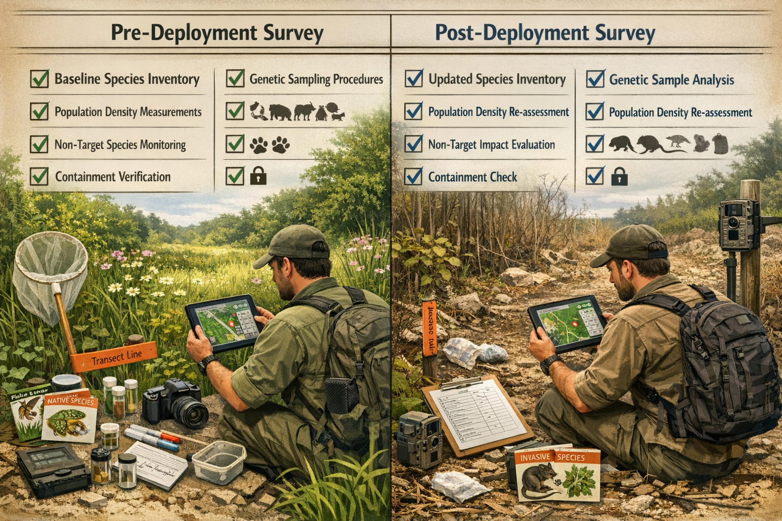 Practical () field guide layout showing biodiversity surveyor conducting pre-deployment and post-deployment monitoring