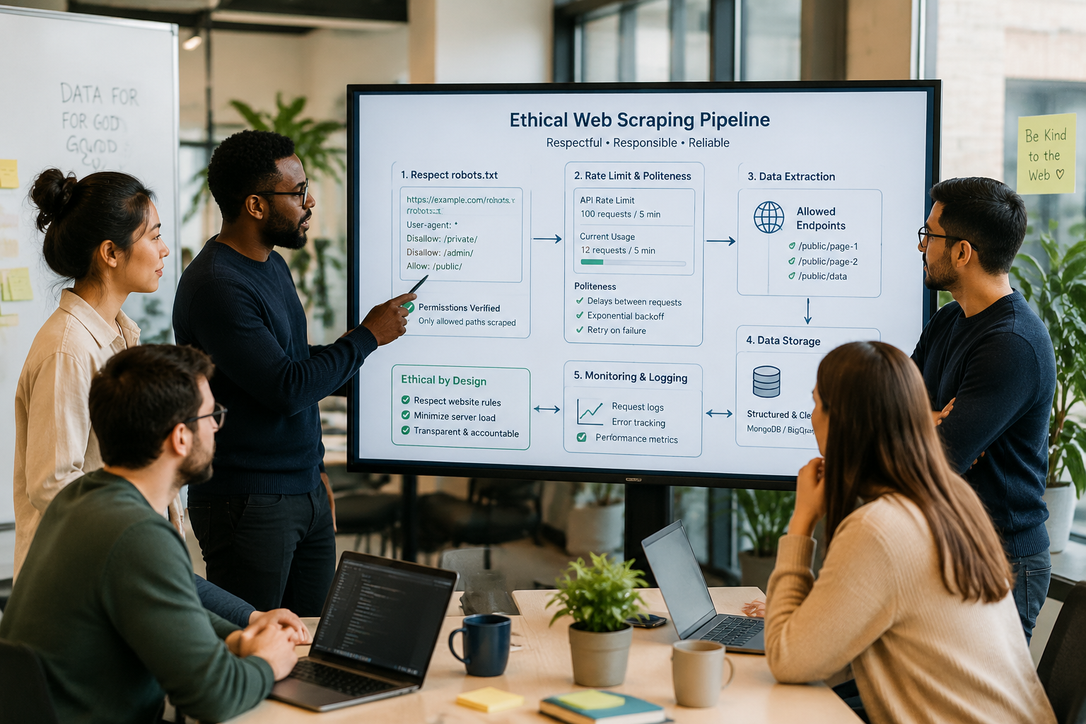 A team of developers working on an ethical data extraction project