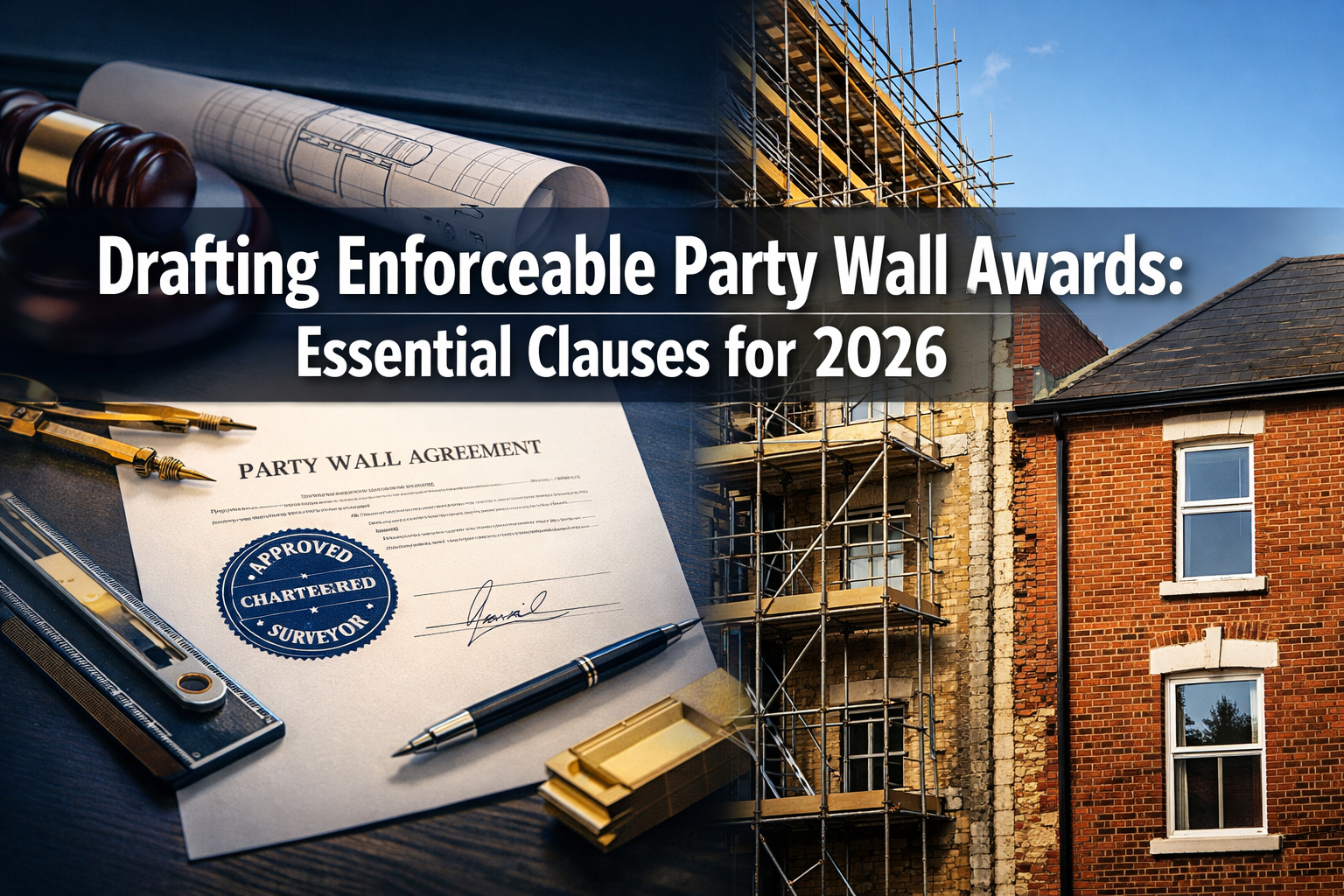 Professional () hero image featuring 'Drafting Enforceable Party Wall Awards: Essential Clauses for 2026' in extra large