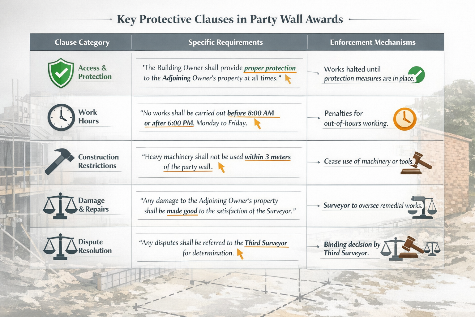 () comprehensive checklist visualization displaying essential protective clauses in party wall awards. Features three-column