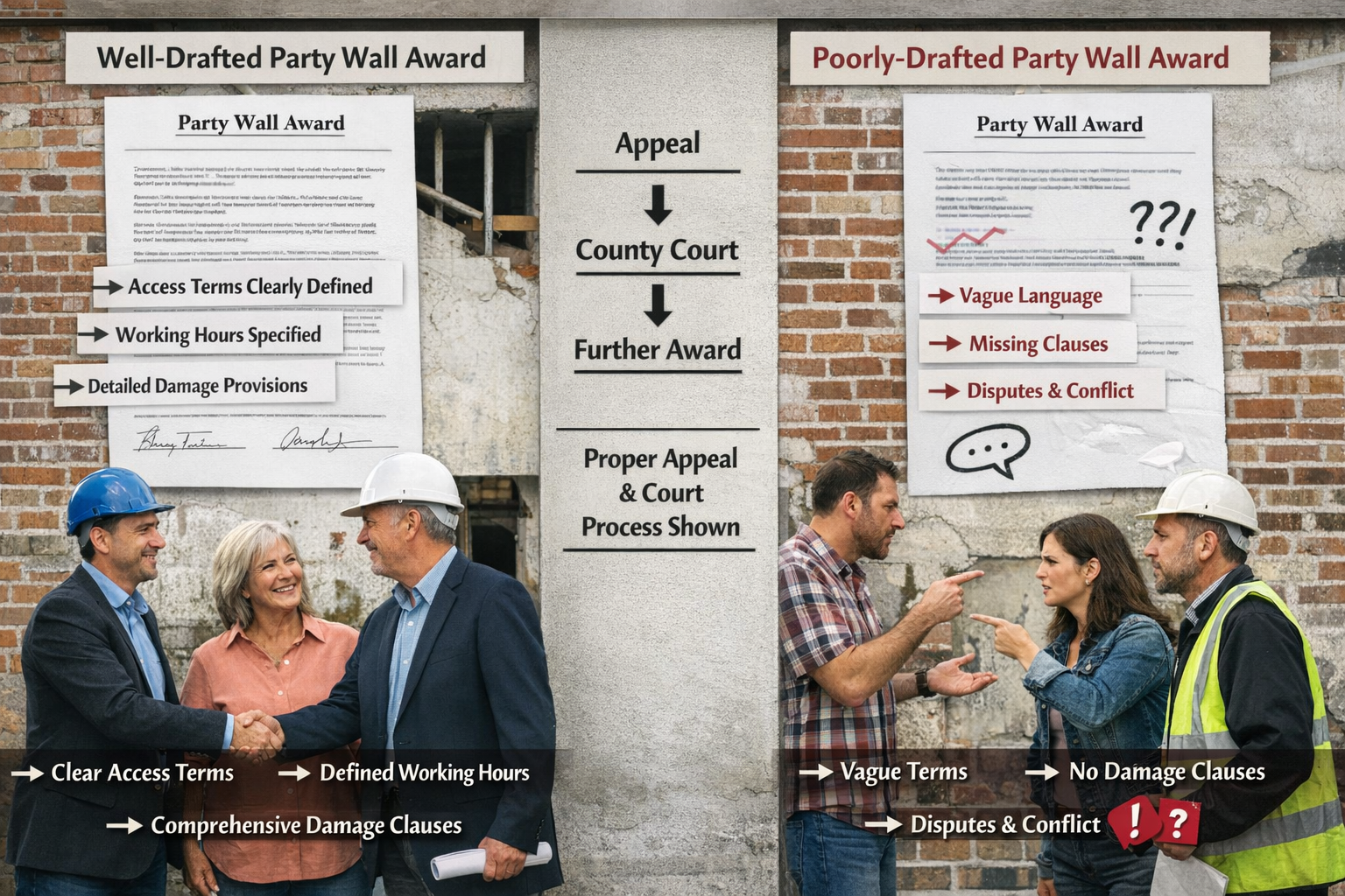 () split-screen comparison showing proper versus improper party wall award enforcement scenarios. Left side displays