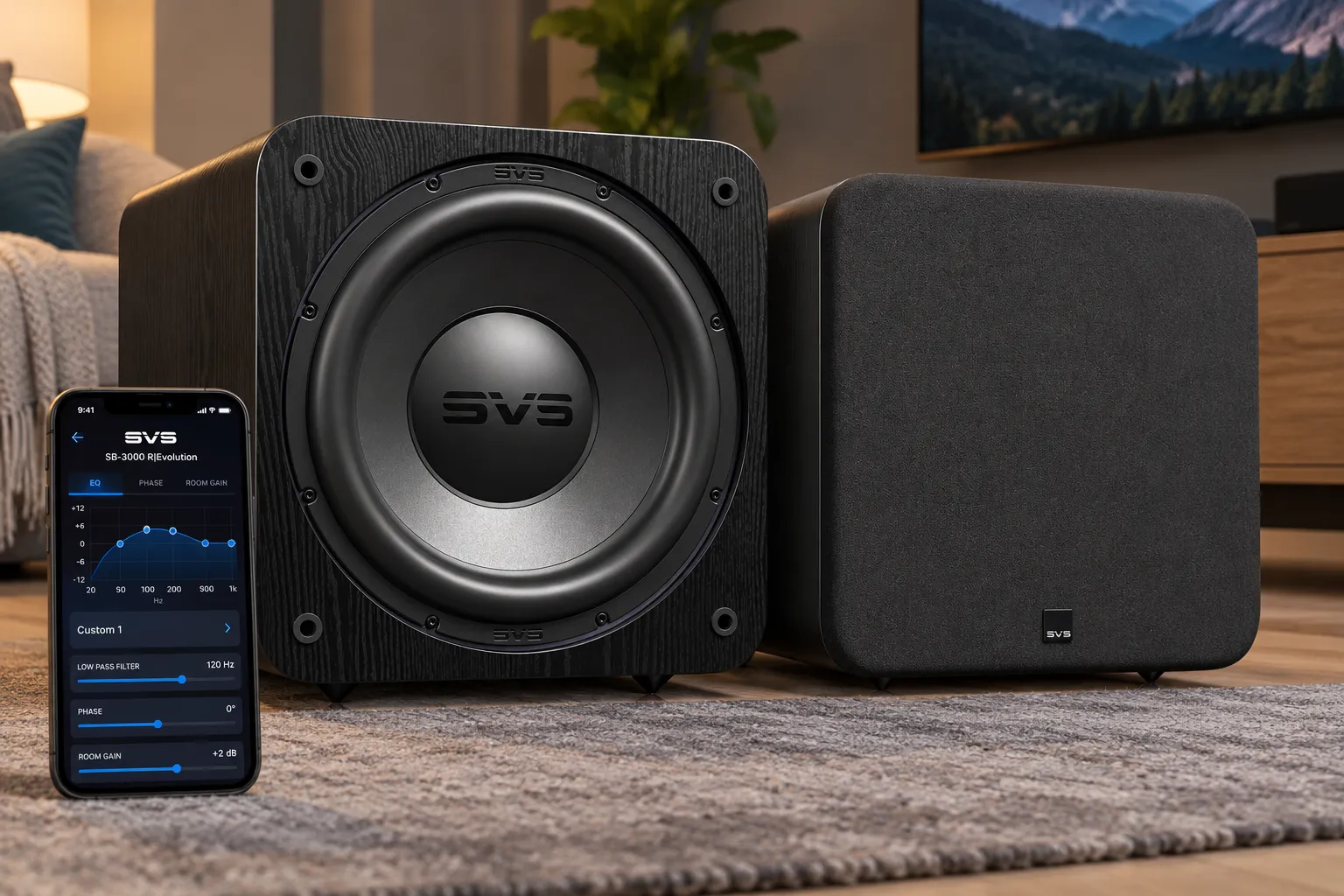 Detailed showcase of SVS SB-3000 R|Evolution Black Ash Powered Subwoofers highlighting the SVS DSP mobile app interface controlling the subwoofer's EQ, phase, and room gain settings on a smartphone screen next to the physical unit What is the SVS SB-3000 R|Evolution?