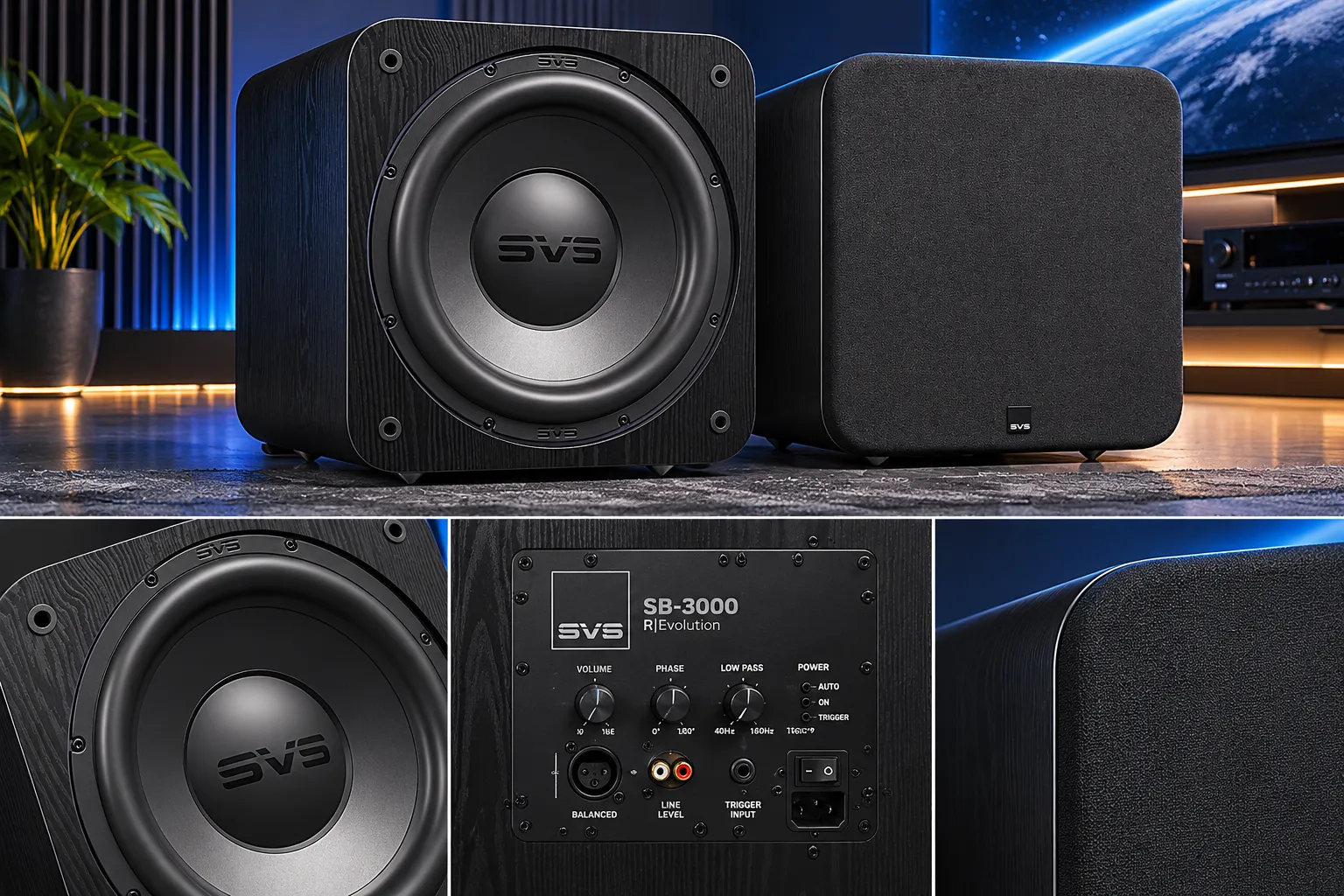 Detailed showcase of SVS SB-3000 R|Evolution Black Ash Powered Subwoofers highlighting the sealed cabinet design, high-excursion driver, and rear-panel amplifier and connection ports in close-up detail What does 800W RMS / 2,500W peak actually mean for performance?