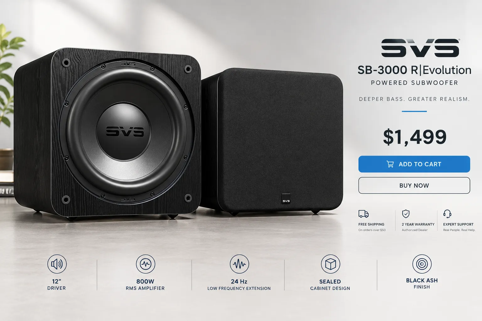 Detailed showcase of SVS SB-3000 R|Evolution Black Ash Powered Subwoofers highlighting pricing and purchase options displayed on a clean studio backdrop with the black ash finish subwoofer in focus How does the SB-3000 R|Evolution perform in real-world use?