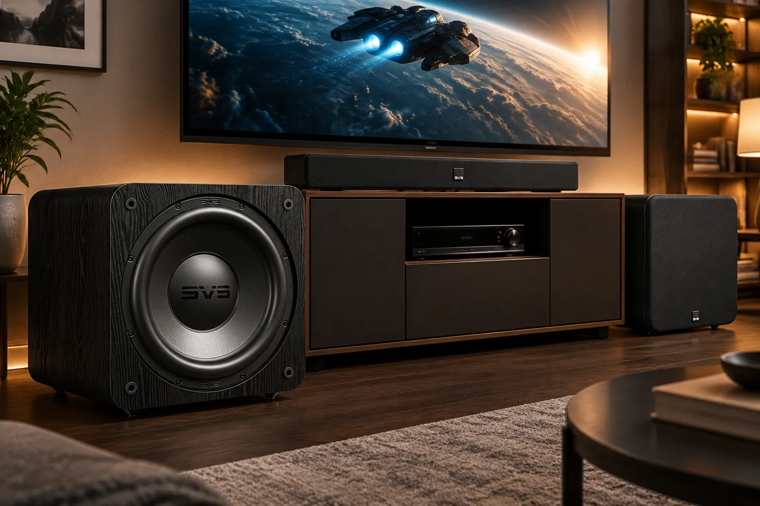 Detailed showcase of SVS SB-3000 R|Evolution Black Ash Powered Subwoofers highlighting real-world usage in a home theater living room setup beside a TV and soundbar system during movie playback Who should buy this subwoofer?