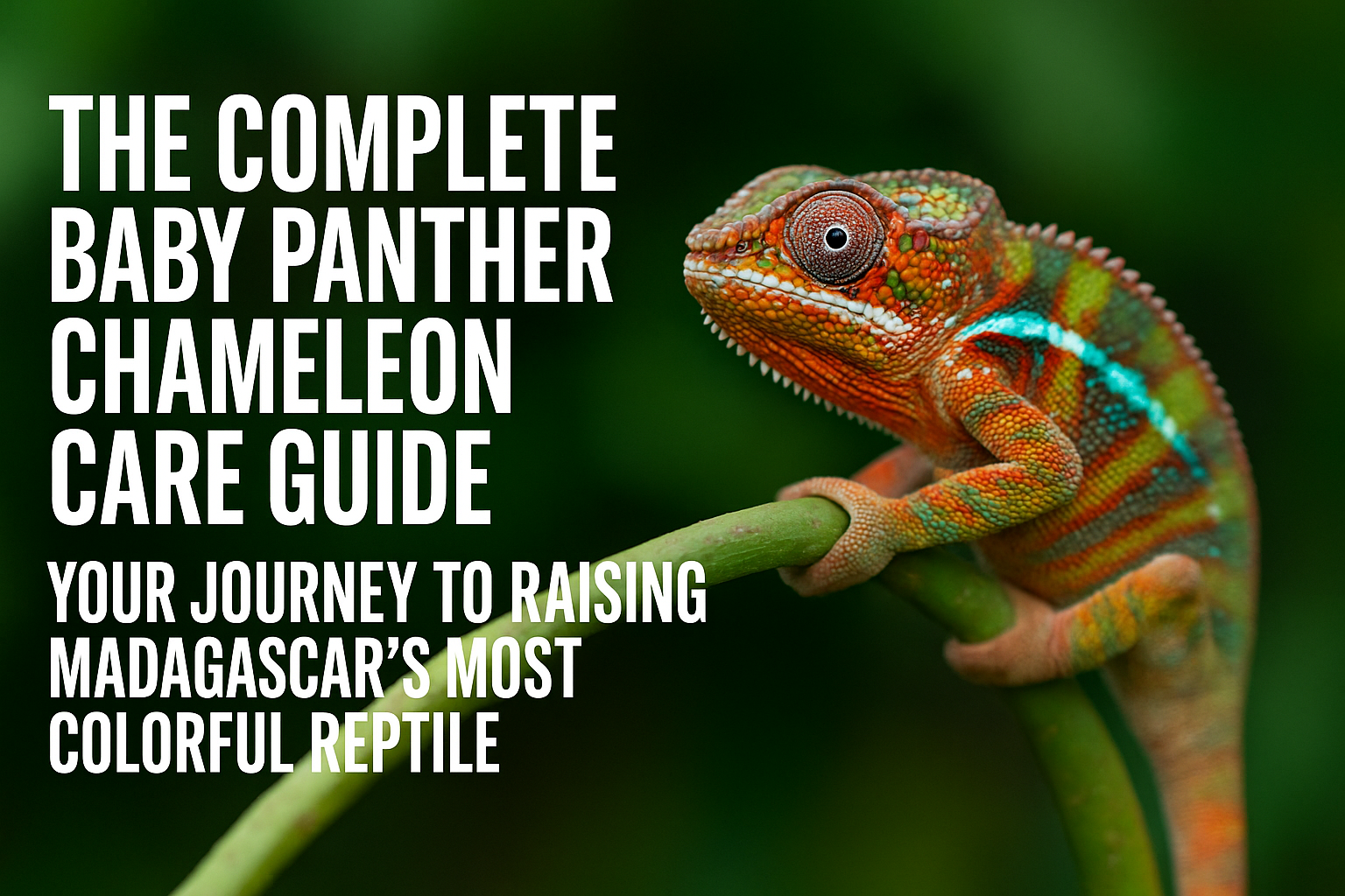 Professional landscape hero image (1536x1024) with bold text overlay: "The Complete Baby Panther Chameleon Care Guide: Your Journey to Raisi