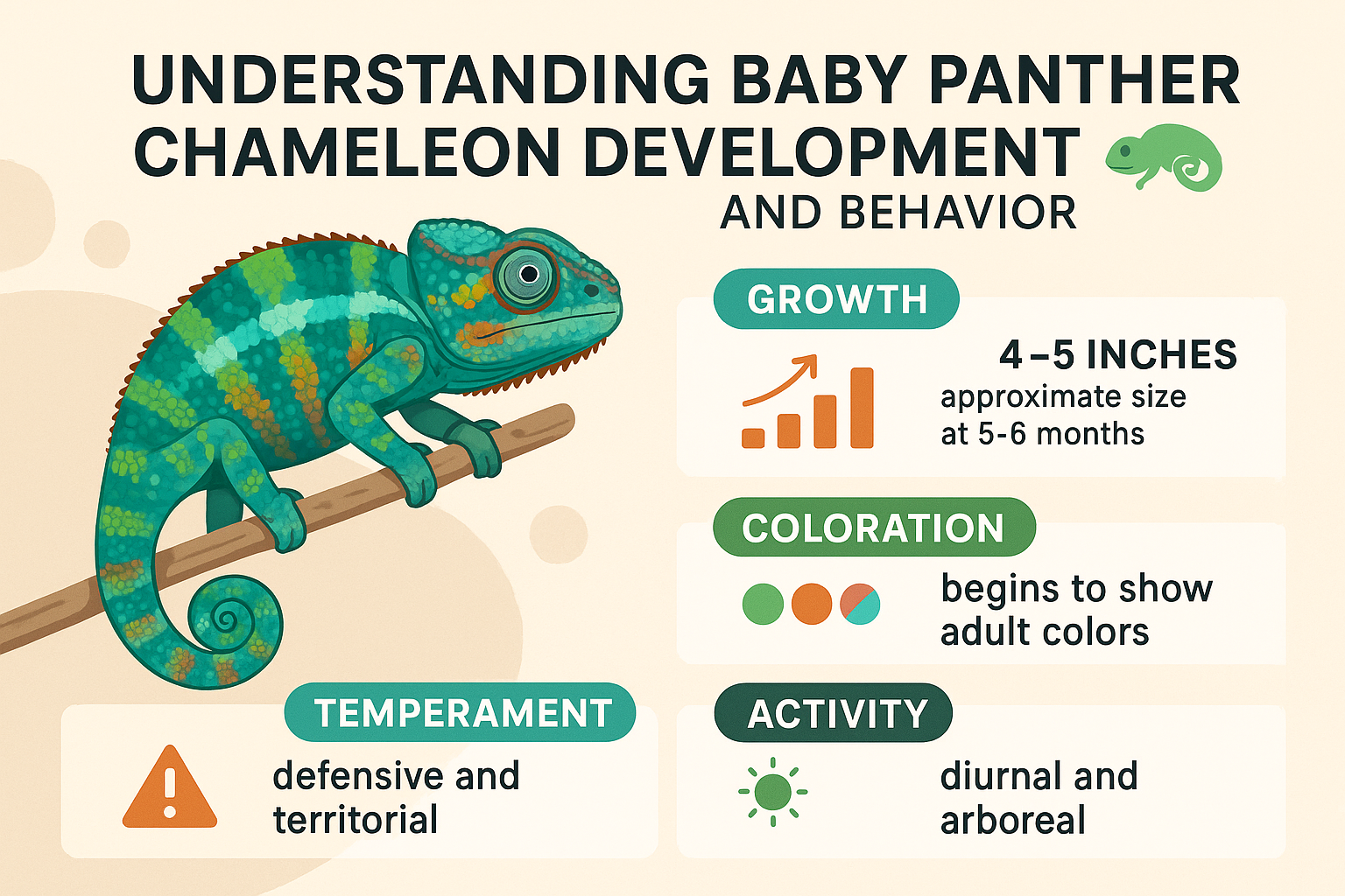 Professional landscape infographic (1536x1024) for article "The Complete Baby Panther Chameleon Care Guide: Your Journey to Raising Madagasc
