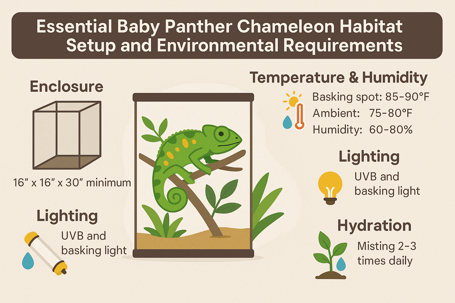 Professional landscape infographic (1536x1024) for article "The Complete Baby Panther Chameleon Care Guide: Your Journey to Raising Madagasc