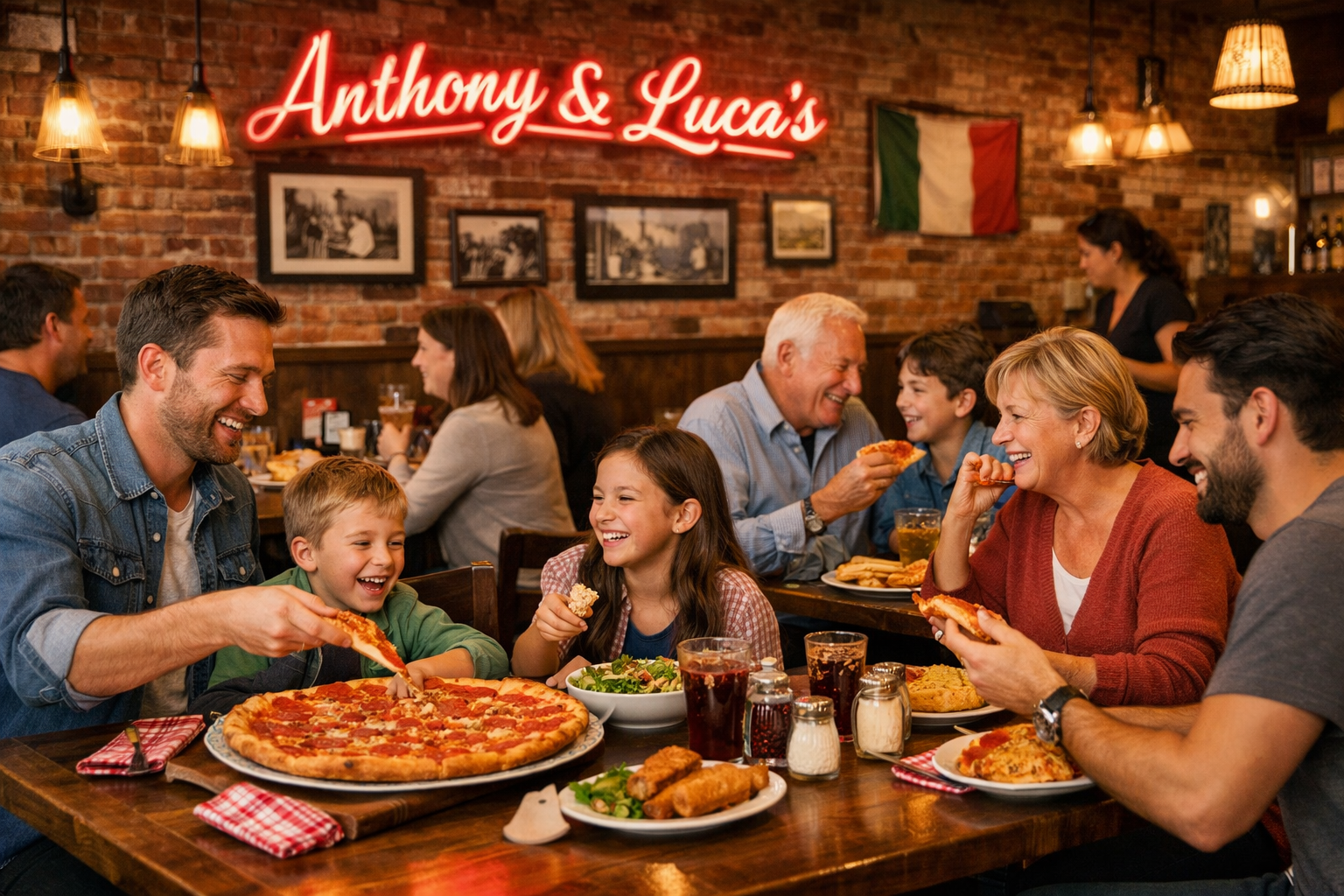 Landscape format (1536x1024) image of happy customers dining at Anthony & Luca's, families enjoying pizza together, cozy restaurant interior