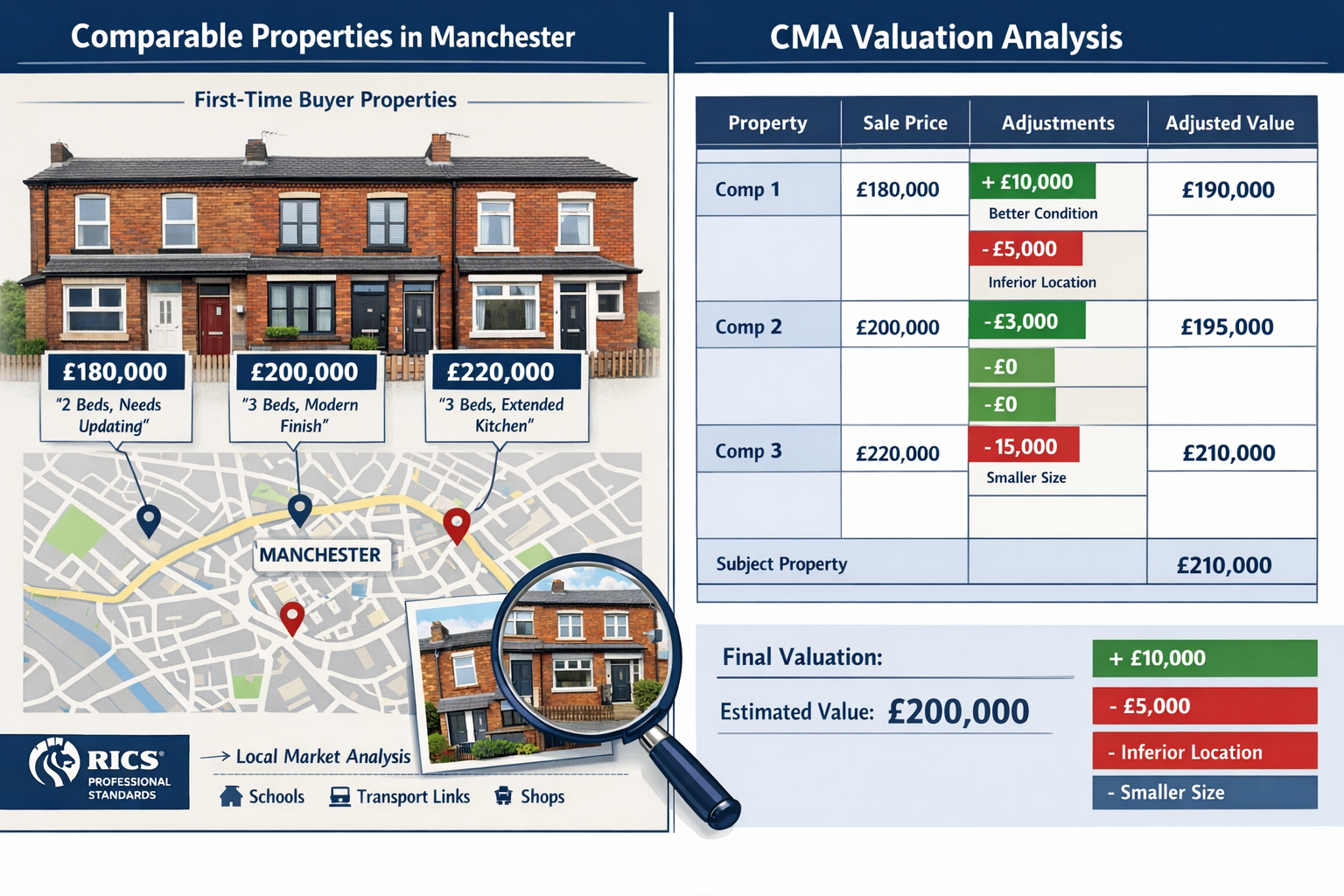 () detailed infographic showing comparative market analysis methodology for Northern England first-time buyer properties.