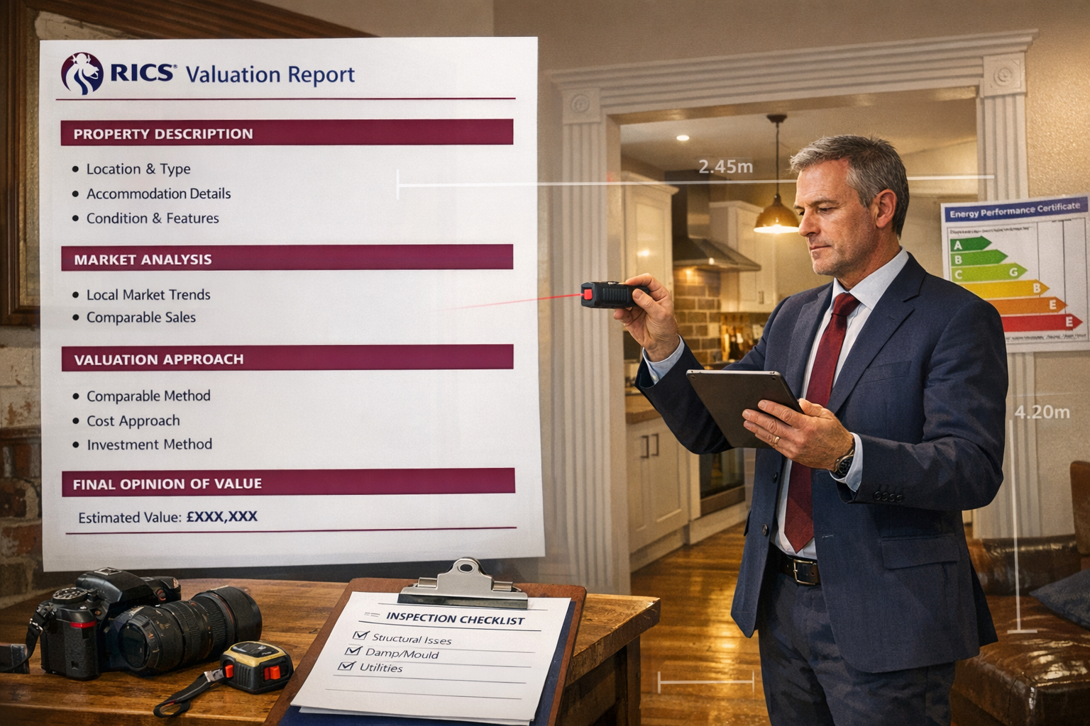 () comprehensive visual guide to RICS Red Book valuation methodology applied to Northern England starter homes. Scene shows