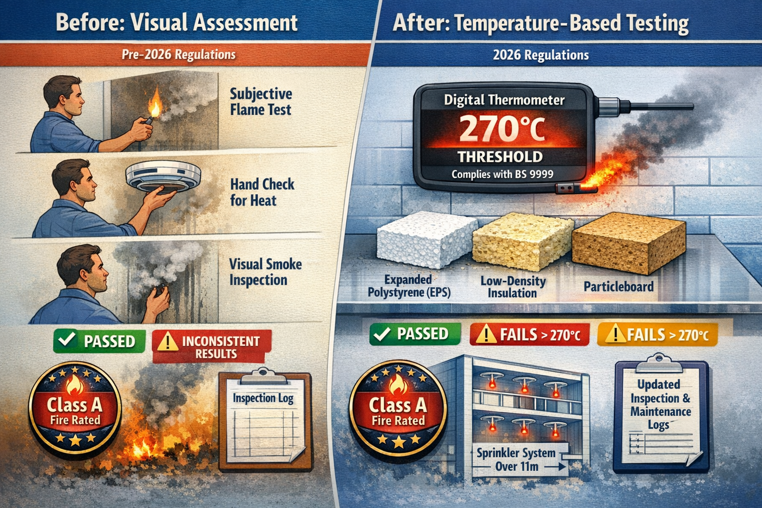 Detailed landscape format (1536x1024) infographic-style image displaying comprehensive fire safety compliance checklist for 2026 property su