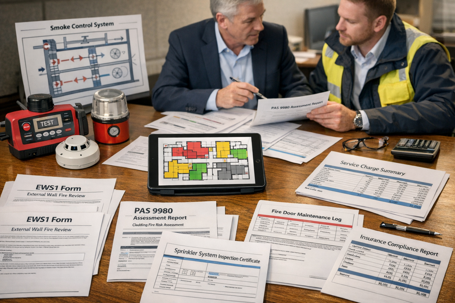 Detailed landscape format (1536x1024) image showing comprehensive building safety documentation and risk assessment process. Professional de
