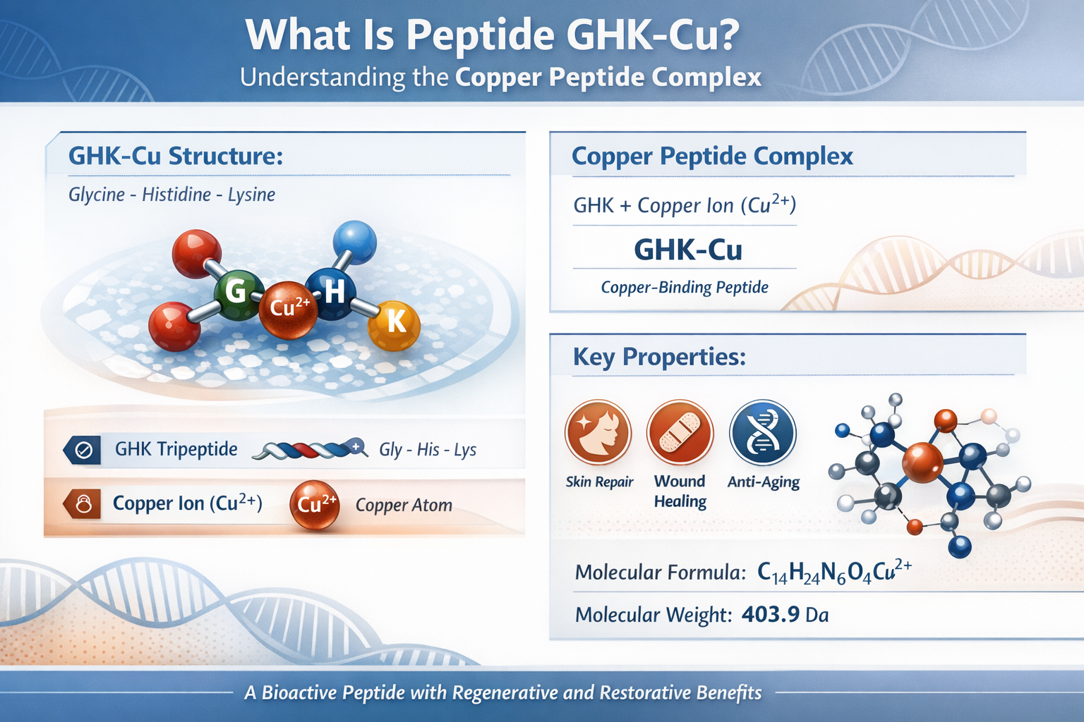 Professional landscape infographic (1536x1024) for article "Peptide GHK-Cu: The Complete Guide to Copper Peptide Research and Applications i