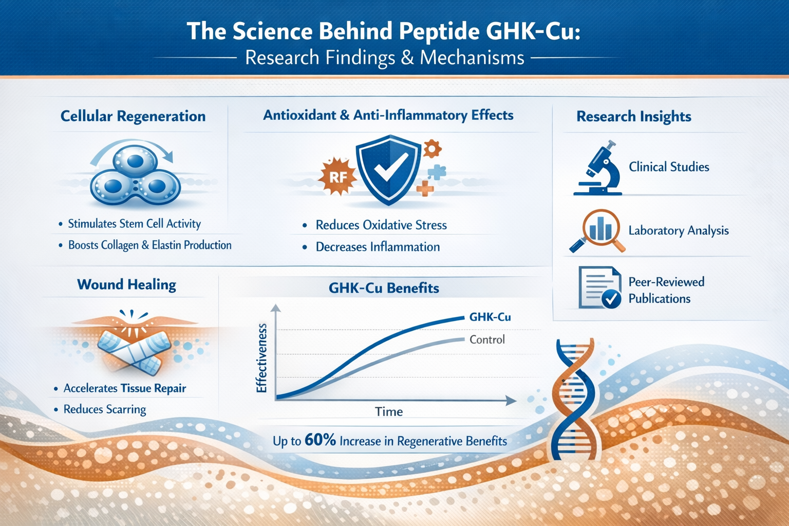 Professional landscape infographic (1536x1024) for article "Peptide GHK-Cu: The Complete Guide to Copper Peptide Research and Applications i