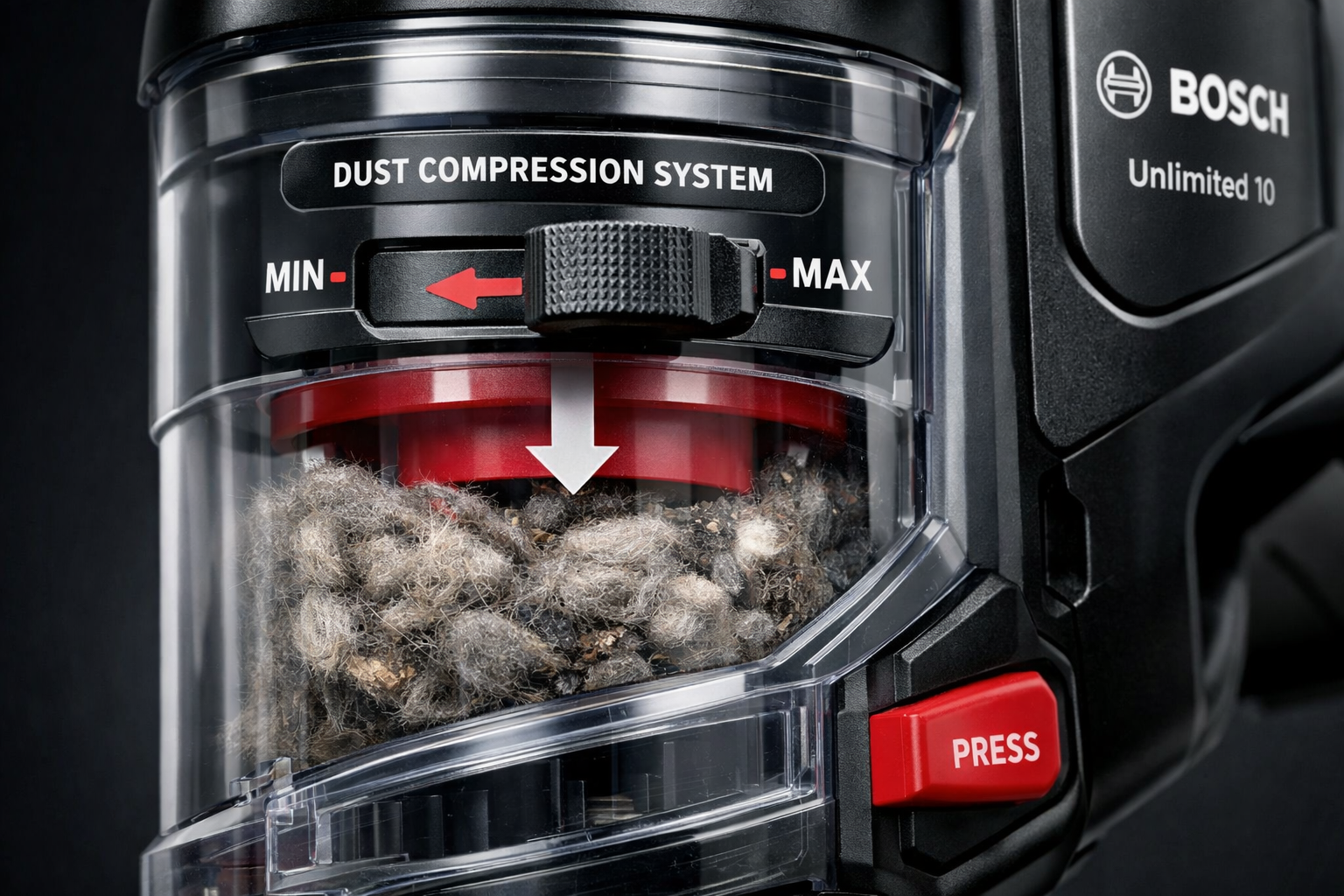 Bosch Unlimited 10 Cordless Stick Vacuum Bosch Unlimited 10 dust compression slider and bin mechanism closeup