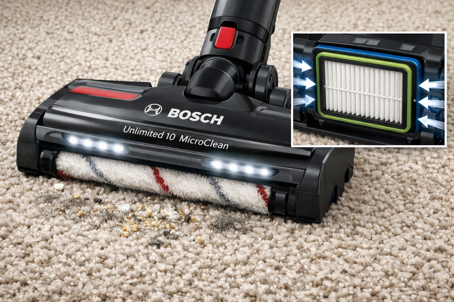 Bosch Unlimited 10 Cordless Stick Vacuum Bosch Unlimited 10 MicroClean brush head on carpet with HEPA filter detail