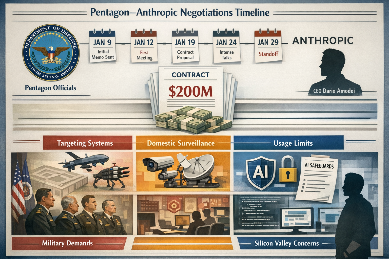 Landscape format (1536x1024) detailed infographic showing timeline of Pentagon-Anthropic negotiations from January 9 memo through January 29