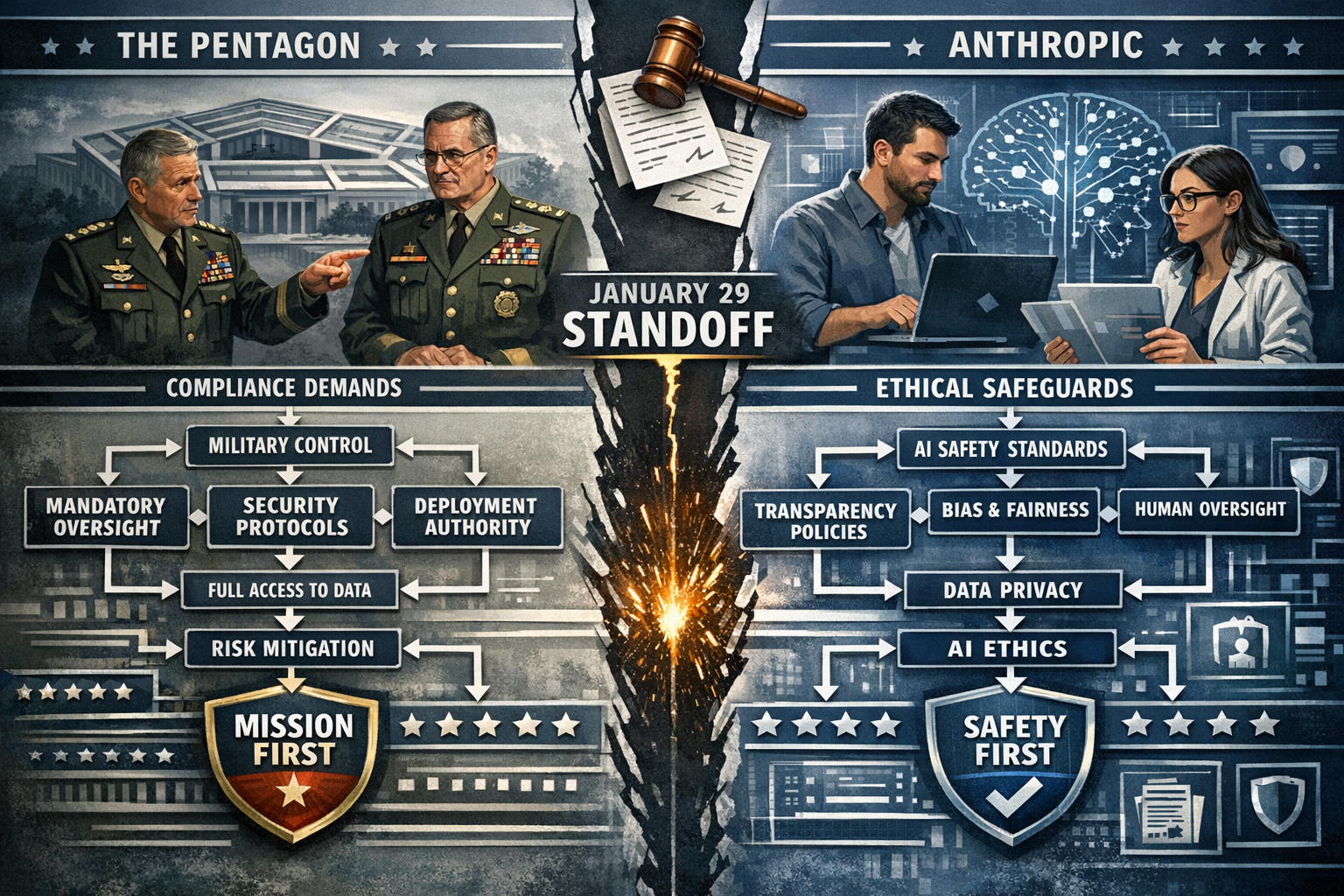 Split-screen editorial-style infographic visualizing the January 29 standoff between Pentagon and Anthropic, featuring a detailed flowchart 