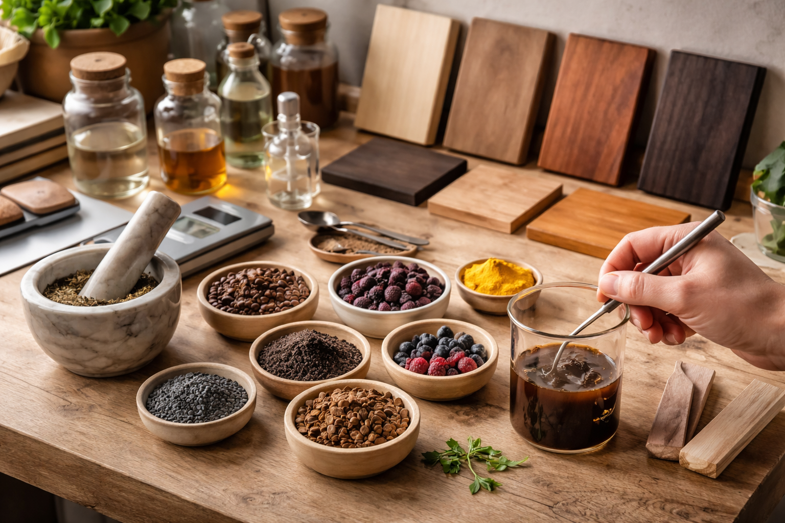 Detailed () image showing a well-organized workbench with various natural ingredients (e.g., coffee beans, tea leaves,