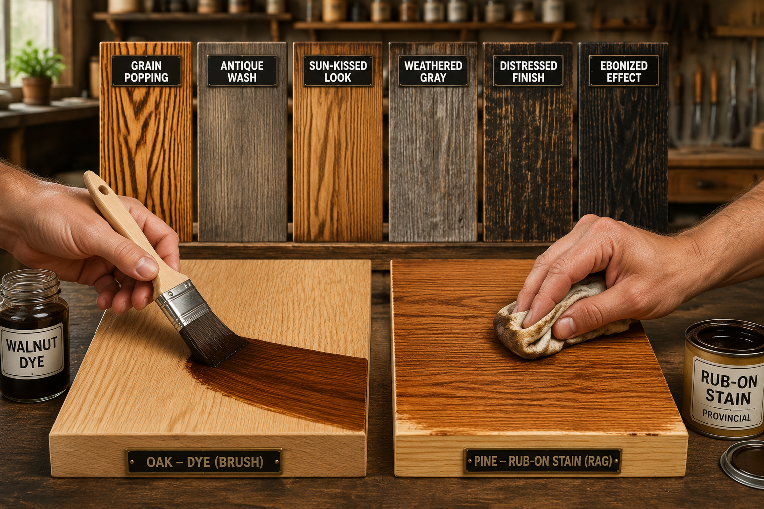 Detailed () image presenting a side-by-side comparison of different application techniques for DIY wood stains and dyes. On