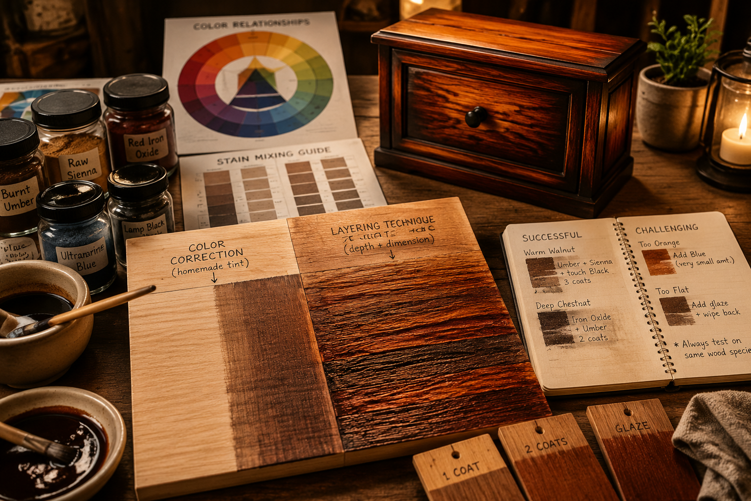 Detailed () image focusing on advanced customization and problem-solving in DIY wood staining. The foreground features a