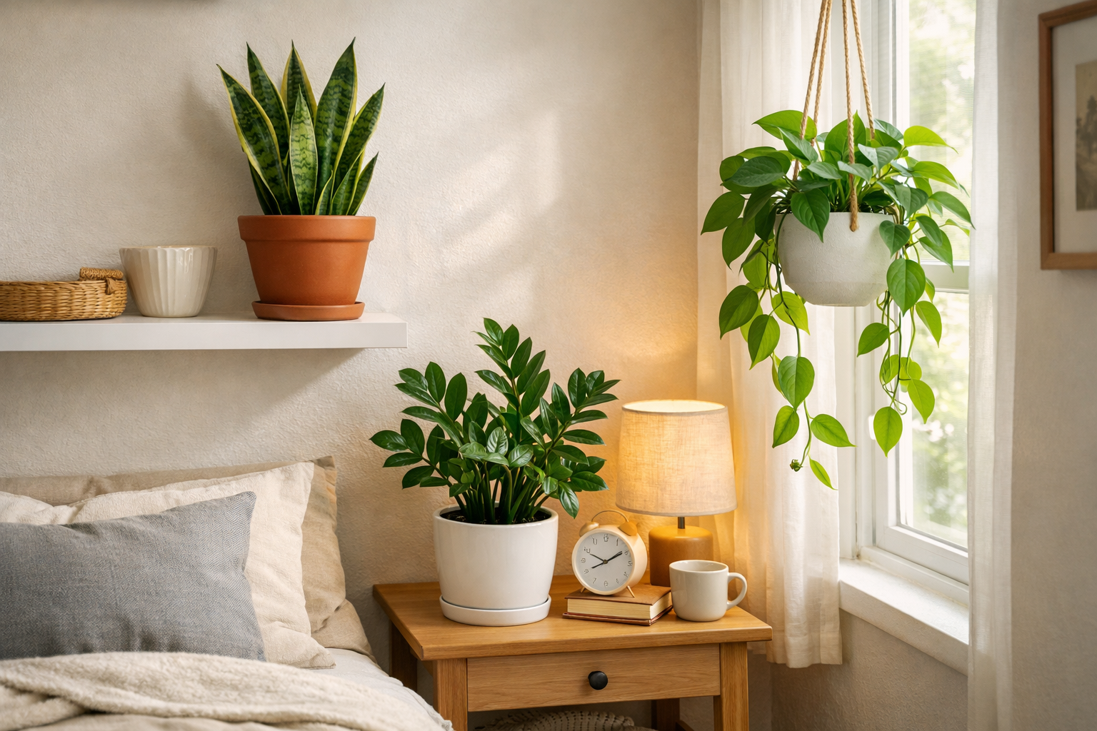 Detailed () image showing a well-lit, cozy small apartment corner with several compact, low-maintenance indoor plants