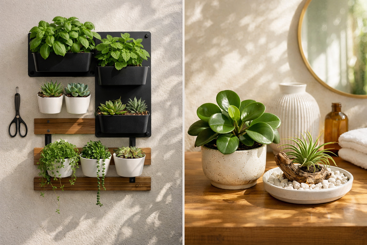 Detailed () image showcasing a comparison of two distinct indoor plant setups for small homes. On the left, illustrate a