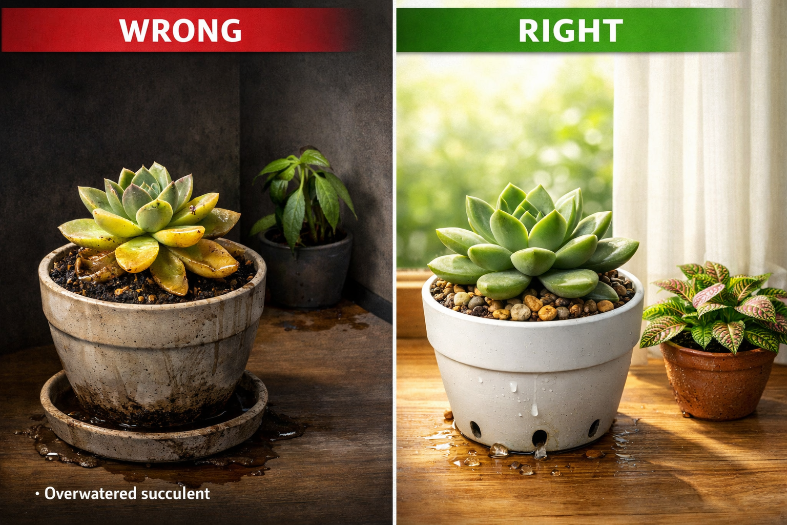 Overwatered plant vs. healthy plant, symbolizing care mistakes