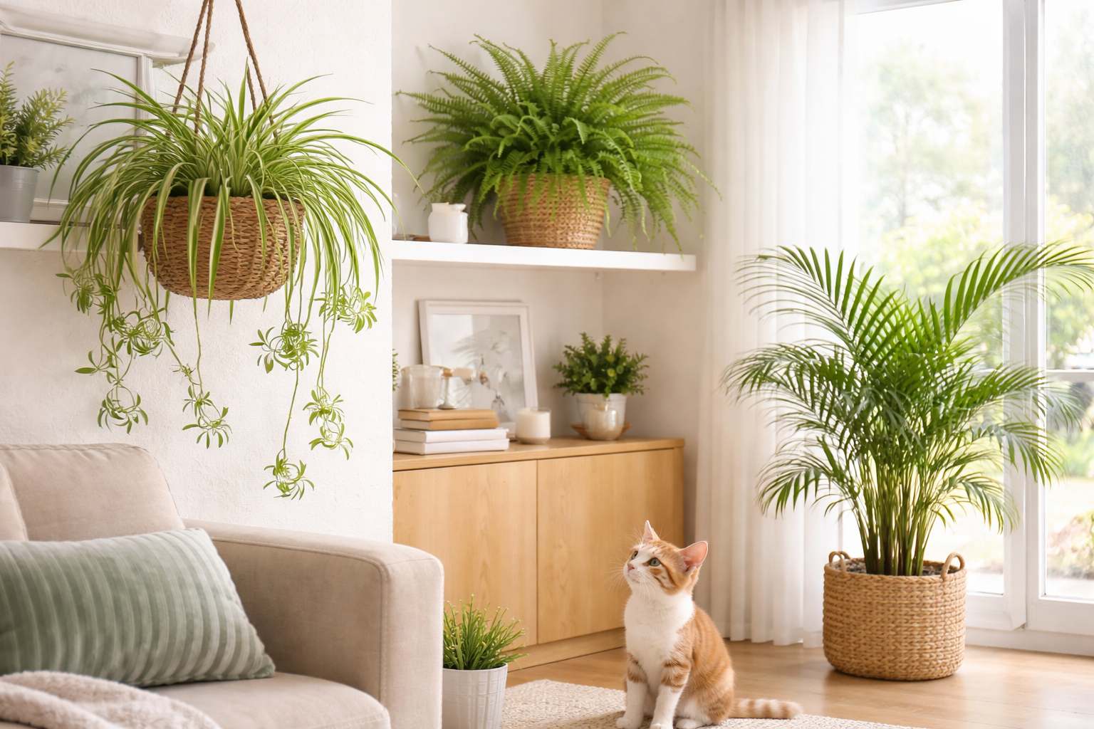 Pet-friendly Spider Plant, Boston Fern, and Areca Palm in a bright apartment