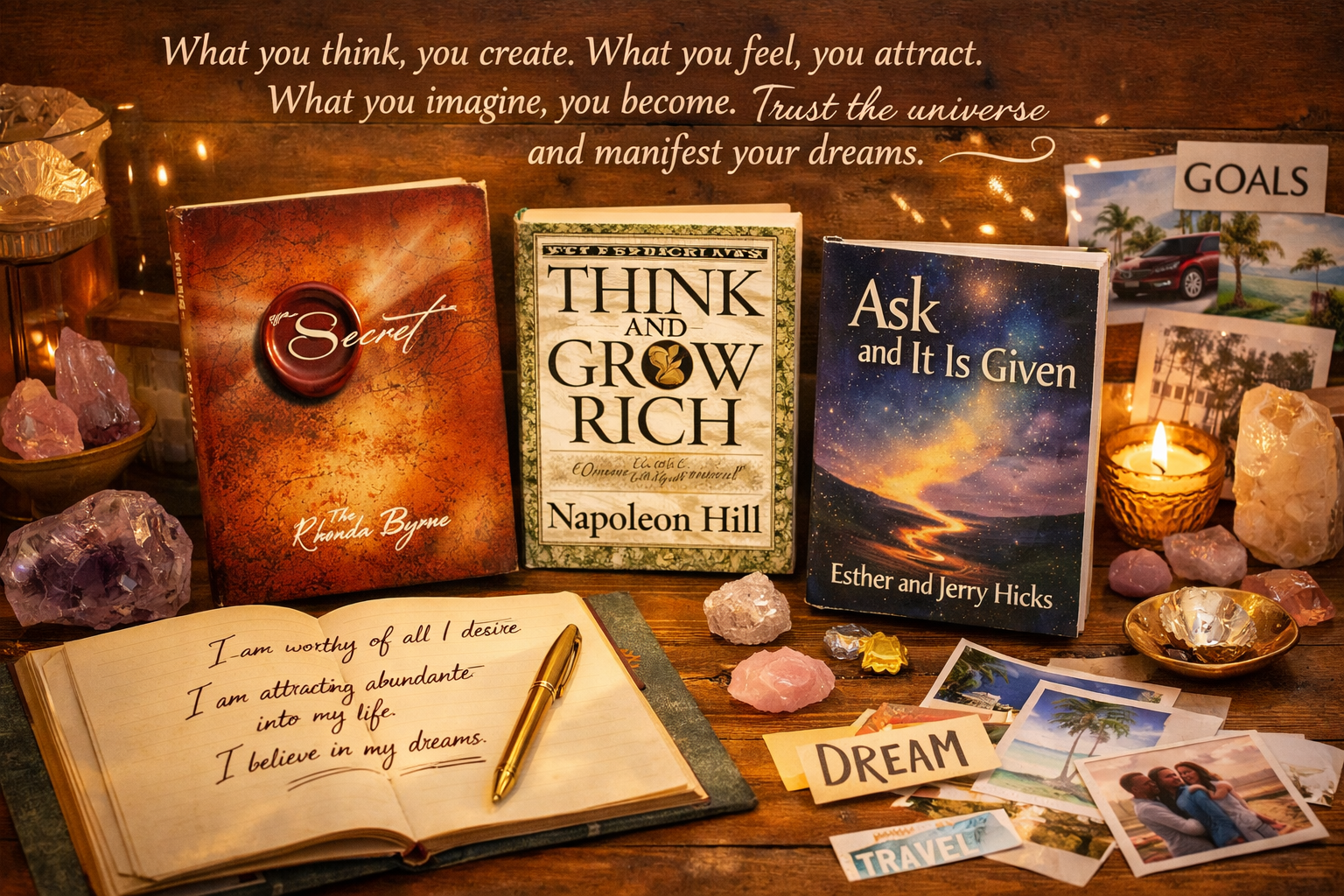 () image showing collection of popular manifestation books artistically arranged on wooden desk with 'The Secret', 'Think