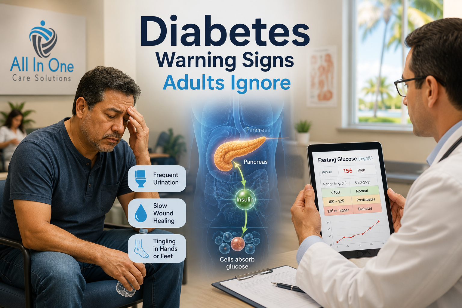 A medically detailed editorial illustration in () showing a split-scene composition: on the left, a middle-aged Hispanic