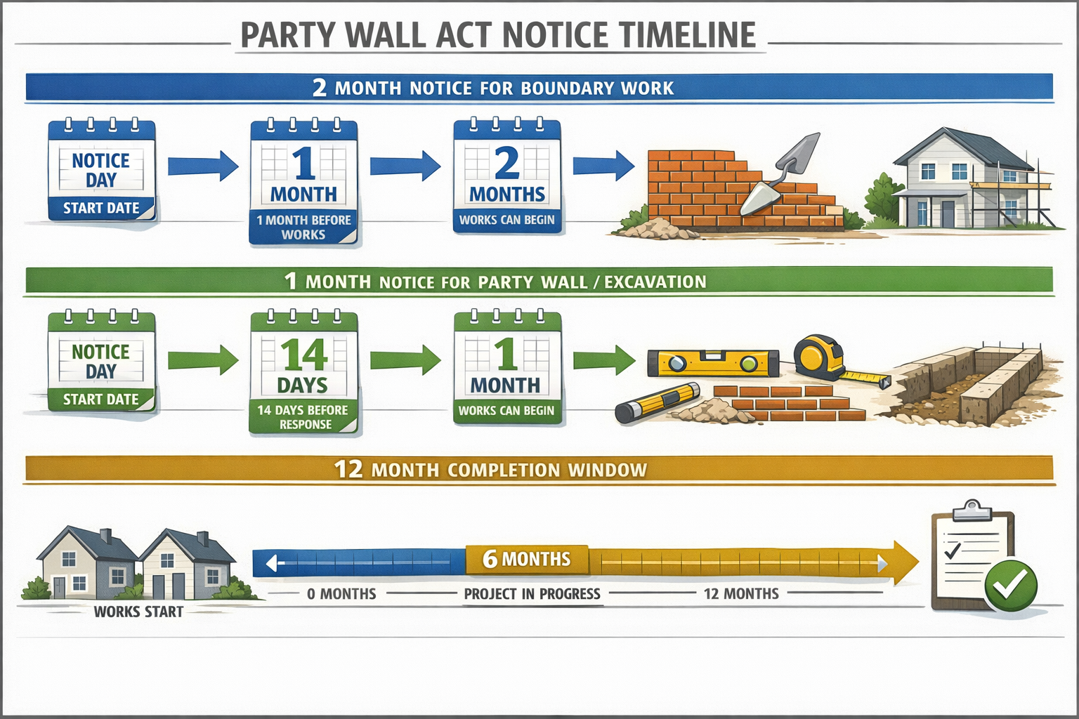Detailed landscape format (1536x1024) infographic illustration showing Party Wall Act notice timeline flowchart with three distinct pathways