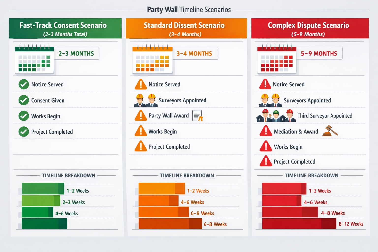Detailed landscape format (1536x1024) comparison chart showing three Party Wall timeline scenarios side-by-side: left column displays 'Fast-