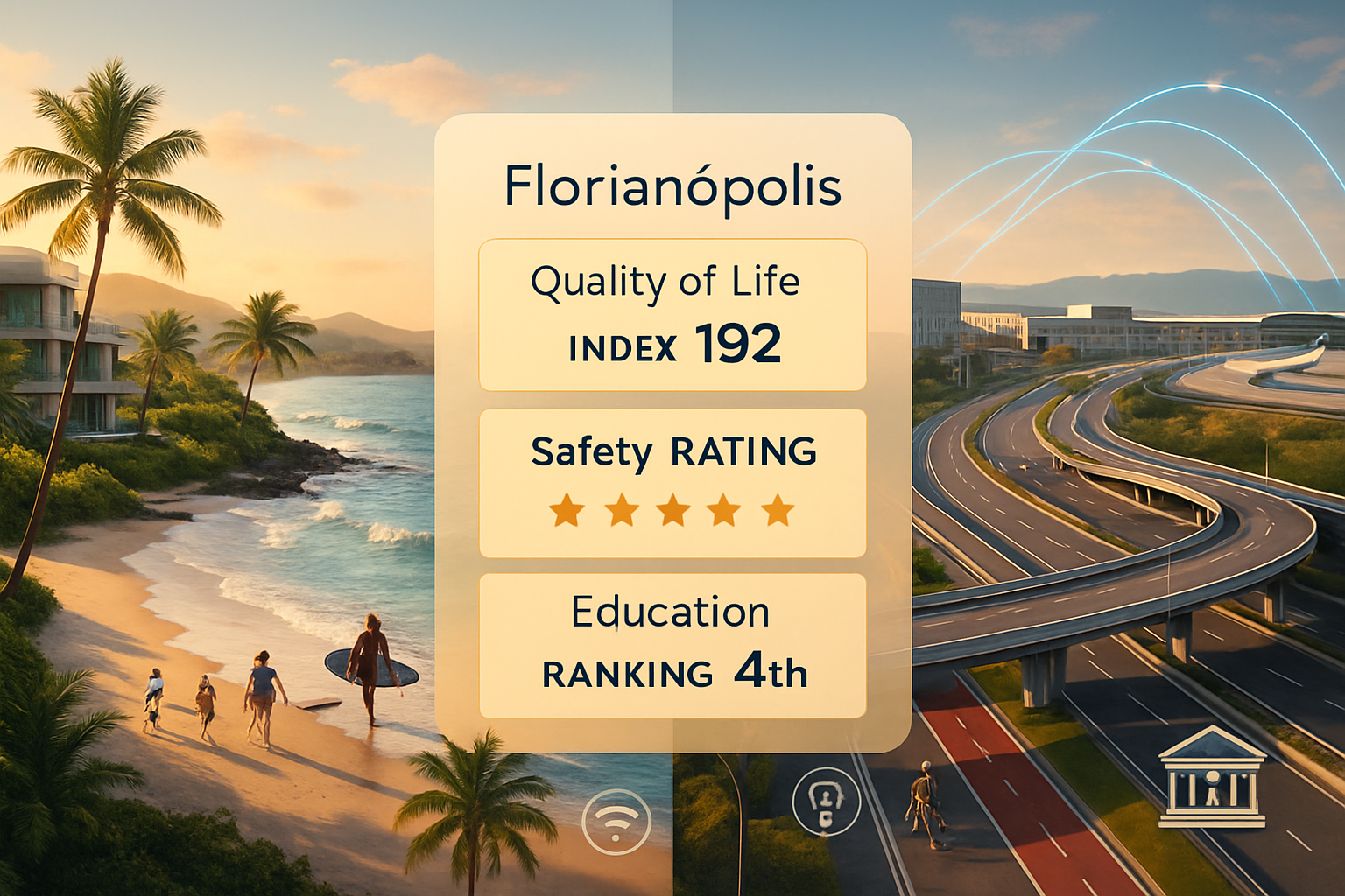 Detailed editorial landscape image (1536x1024) illustrating Florianópolis quality of life and infrastructure development. Split composition