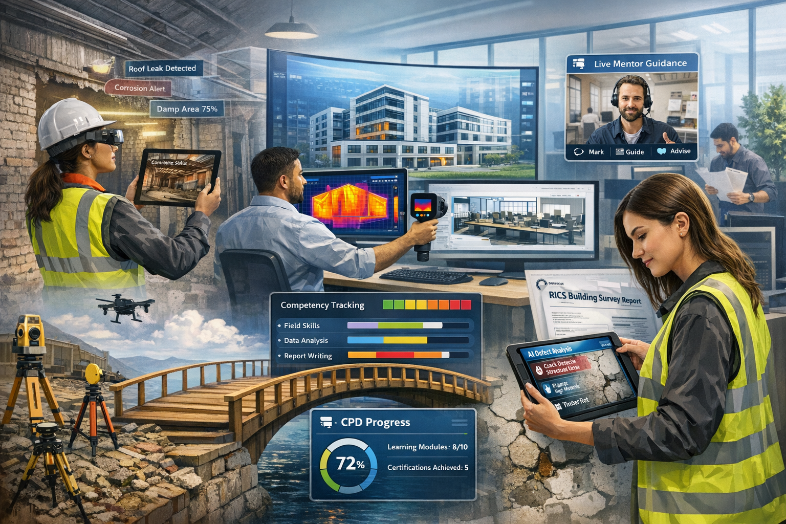 Detailed landscape format (1536x1024) image showcasing future-ready surveying workforce in action across multiple practice areas. Composite