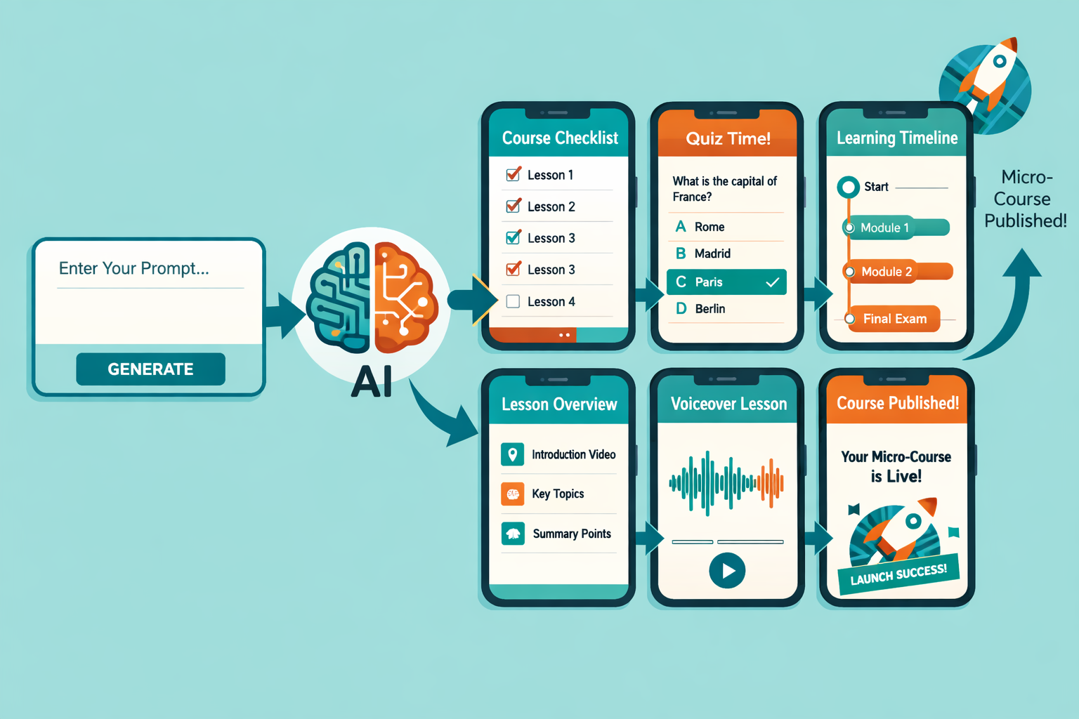 Landscape format (1536x1024) concept illustration showing a creator workflow diagram: a prompt input box on the left flowing through an AI b